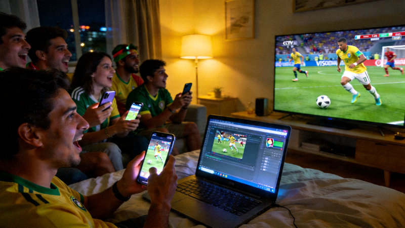 众多球迷通过手机和电脑免费观看高清无插件的足球比赛直播场景